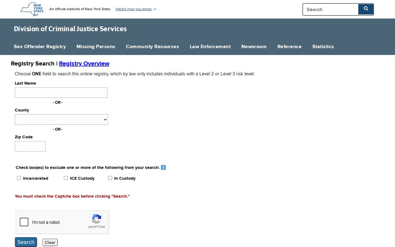 Official DCJS search form for Schenectady County sex offender records